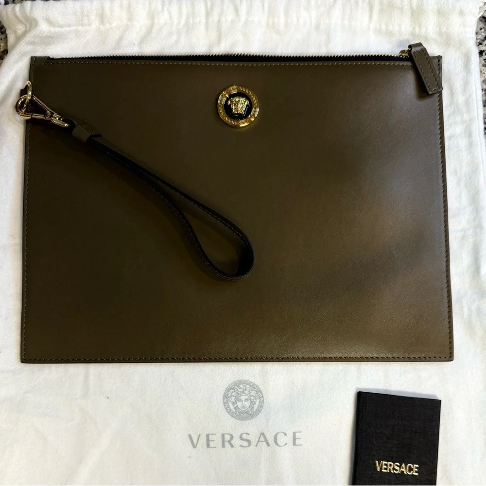 Versace Olive Green Clutch with Gold Medallion - Picture 1 of 4